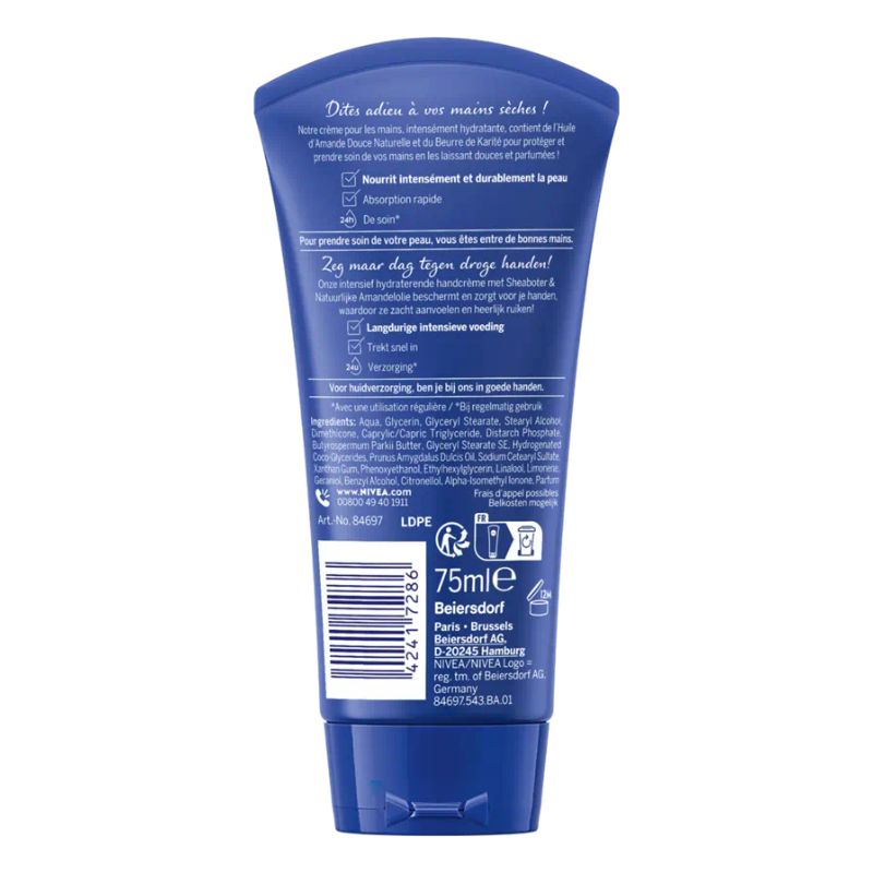 Crème mains NIVEA à l'huile d'amande et beurre de karité - Tube 75 ml