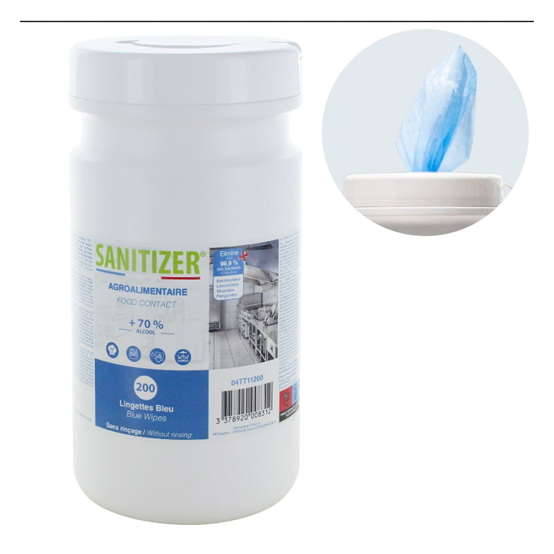 Lingettes nettoyantes désinfectantes bleues SANITIZER, boite de 200